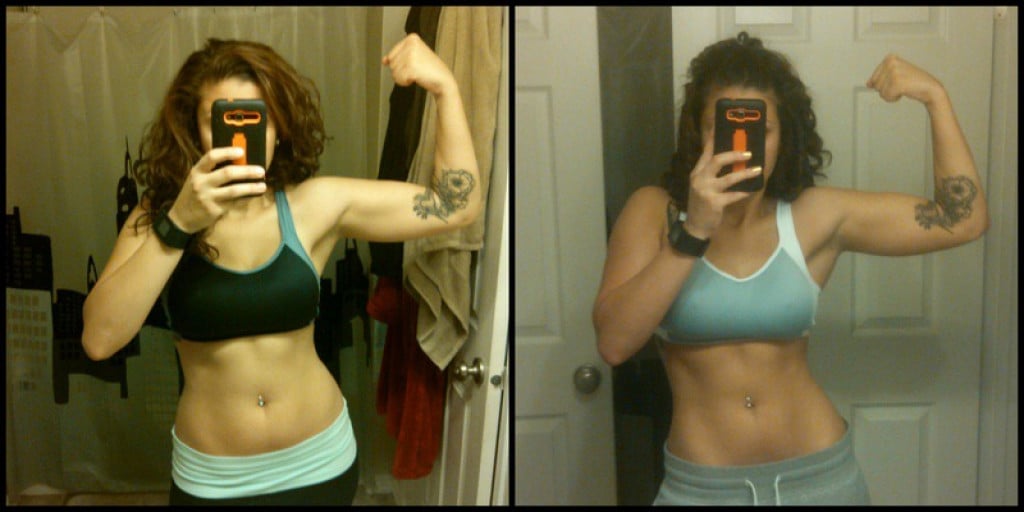A progress pic of a 5'8" woman showing a fat loss from 170 pounds to 160 pounds. A net loss of 10 pounds.