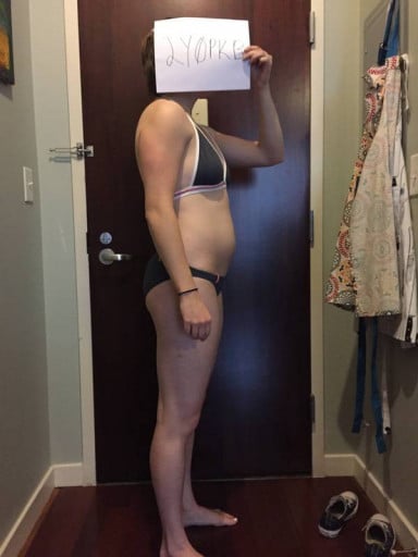 A photo of a 5'7" woman showing a snapshot of 155 pounds at a height of 5'7