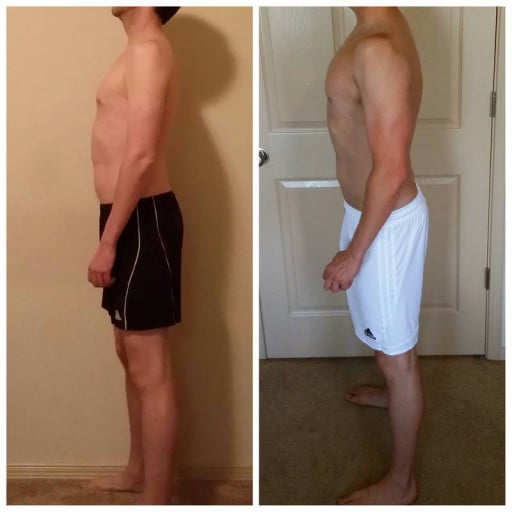 A before and after photo of a 5'10" male showing a snapshot of 154 pounds at a height of 5'10