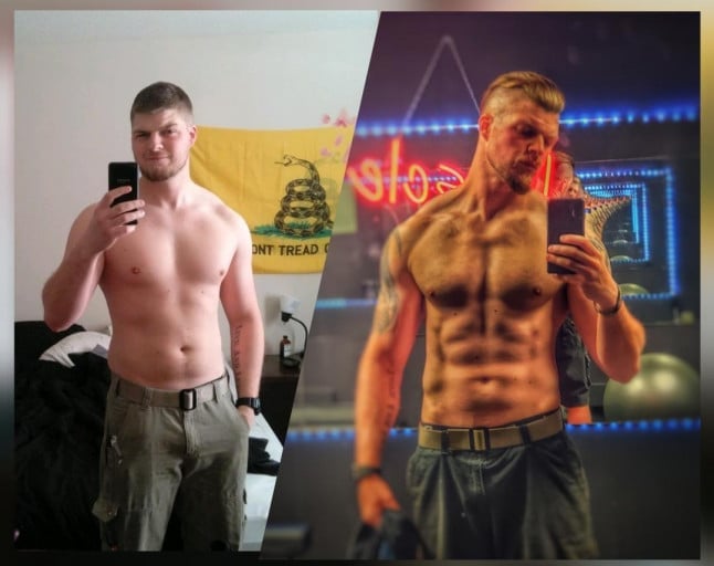 A before and after photo of a 6'2" male showing a weight reduction from 235 pounds to 183 pounds. A respectable loss of 52 pounds.