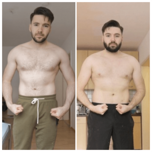 A before and after photo of a 5'9" male showing a muscle gain from 182 pounds to 528 pounds. A respectable gain of 346 pounds.