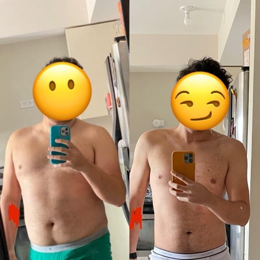 Before and After 56 lbs Fat Loss 5 foot 7 Male 218 lbs to 162 lbs