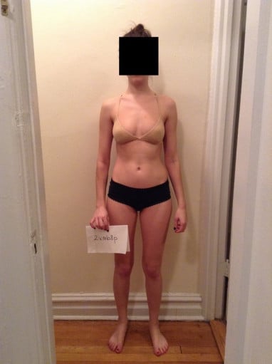 A progress pic of a 5'5" woman showing a snapshot of 107 pounds at a height of 5'5