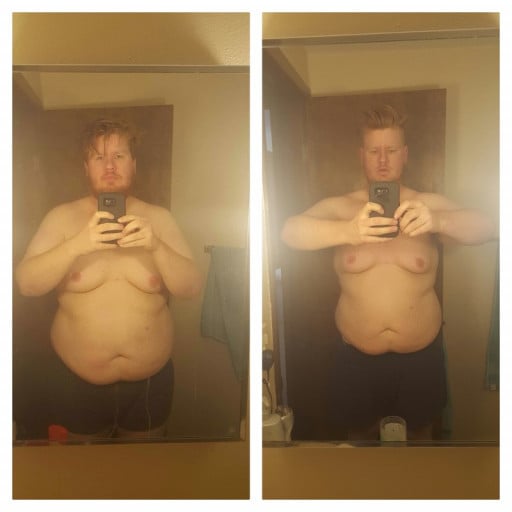 A before and after photo of a 6'3" male showing a weight reduction from 344 pounds to 292 pounds. A net loss of 52 pounds.