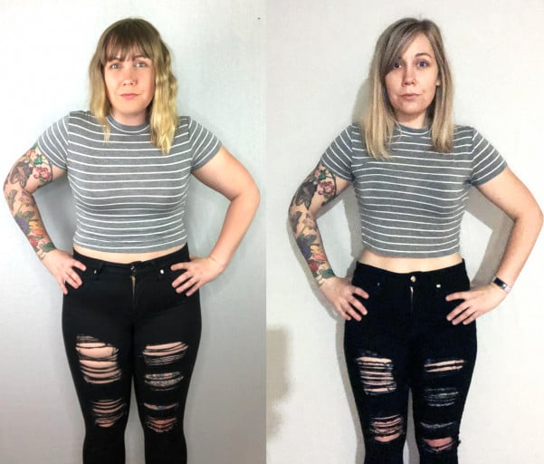 A progress pic of a 5'8" woman showing a fat loss from 207 pounds to 161 pounds. A net loss of 46 pounds.