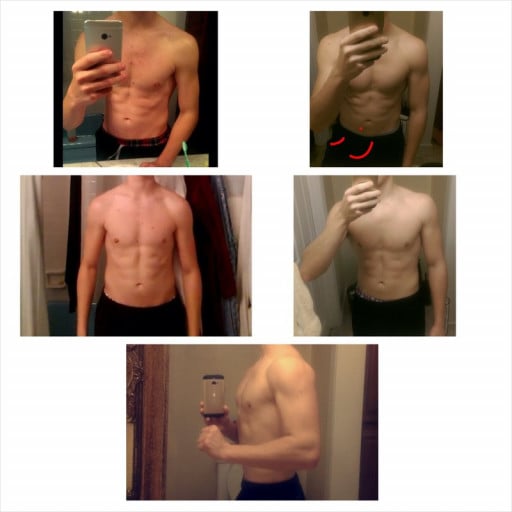 A progress pic of a 5'10" man showing a weight bulk from 135 pounds to 160 pounds. A total gain of 25 pounds.