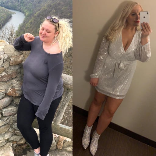 A progress pic of a 5'8" woman showing a fat loss from 252 pounds to 202 pounds. A respectable loss of 50 pounds.