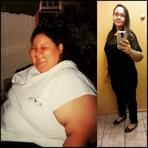 A picture of a 5'4" female showing a weight loss from 395 pounds to 165 pounds. A total loss of 230 pounds.