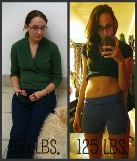 A before and after photo of a 5'7" female showing a weight reduction from 165 pounds to 125 pounds. A net loss of 40 pounds.