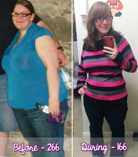 A progress pic of a 5'2" woman showing a fat loss from 266 pounds to 166 pounds. A total loss of 100 pounds.