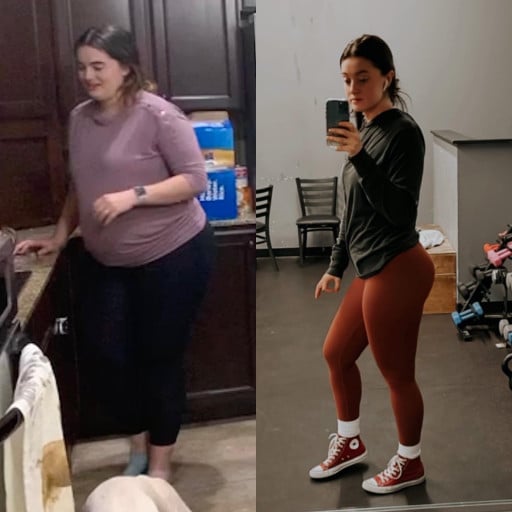 A picture of a 5'8" female showing a weight loss from 253 pounds to 163 pounds. A net loss of 90 pounds.