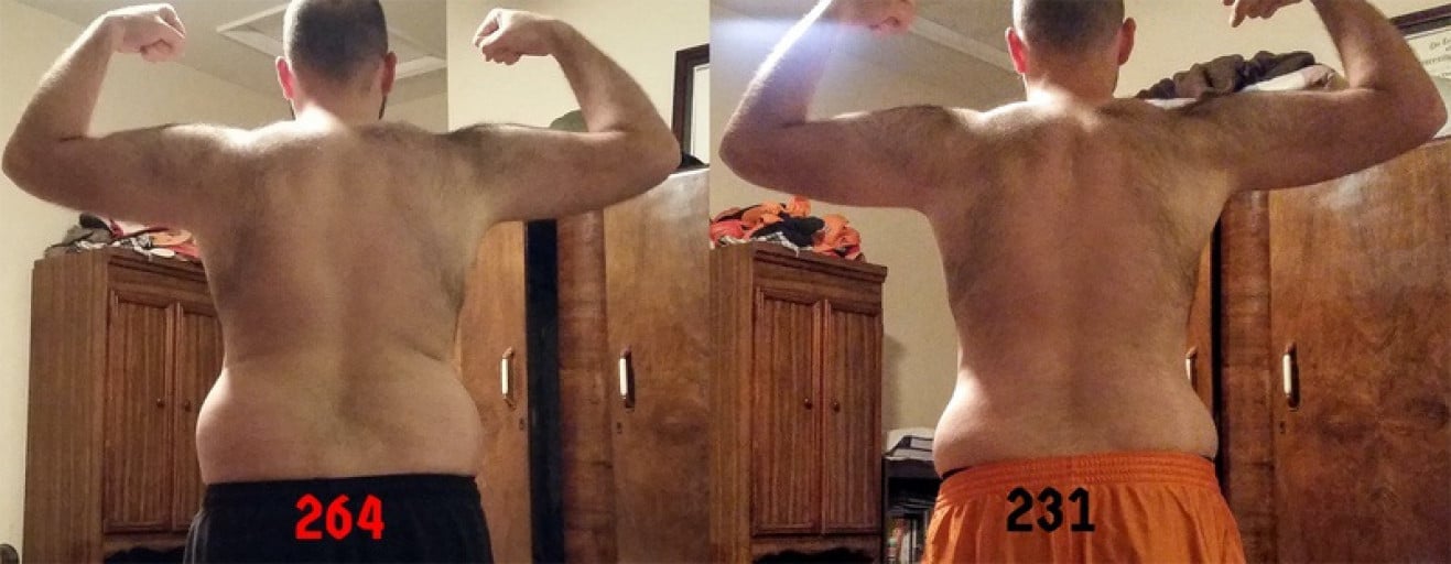 Progress Pics of 33 lbs Fat Loss 6 feet 4 Male 264 lbs to 231 lbs