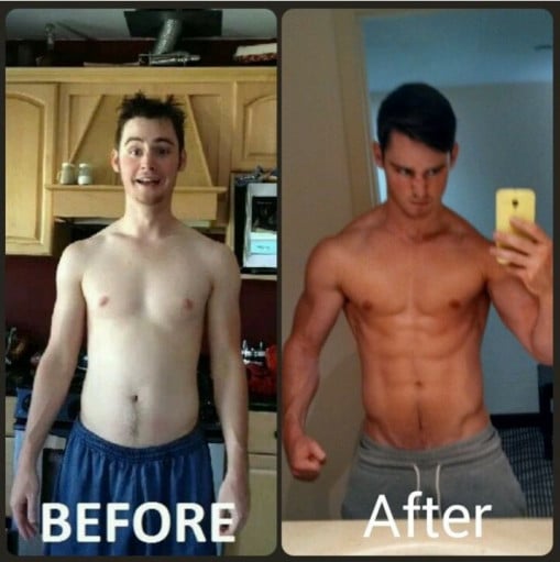 A before and after photo of a 5'9" male showing a muscle gain from 144 pounds to 157 pounds. A respectable gain of 13 pounds.