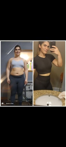 A picture of a 5'11" female showing a weight loss from 265 pounds to 210 pounds. A respectable loss of 55 pounds.