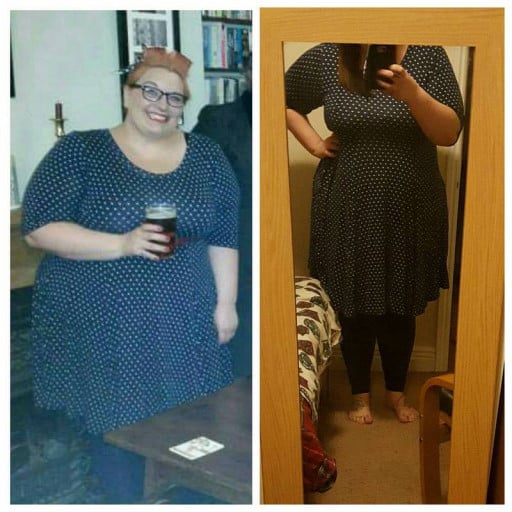 A progress pic of a 5'6" woman showing a fat loss from 382 pounds to 317 pounds. A respectable loss of 65 pounds.