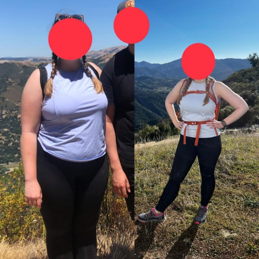 A before and after photo of a 5'4" female showing a weight reduction from 195 pounds to 155 pounds. A total loss of 40 pounds.