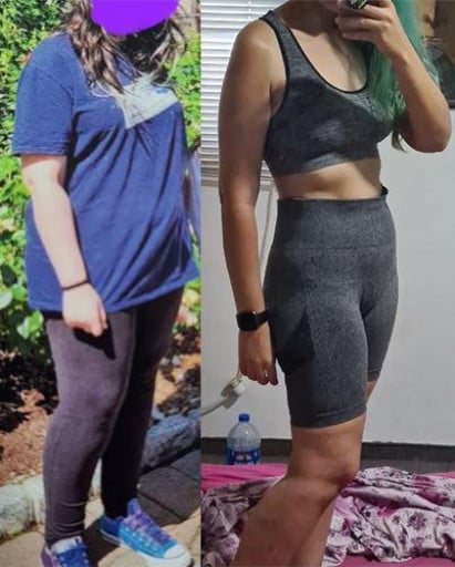 A photo of a 5'2" woman showing a weight cut from 176 pounds to 130 pounds. A total loss of 46 pounds.