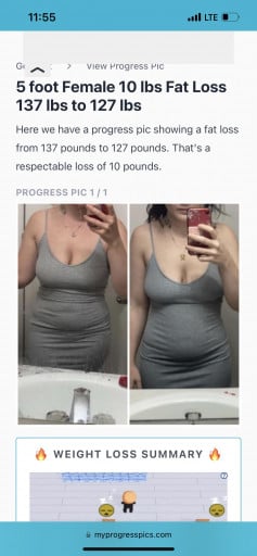 5 foot Female 10 lbs Fat Loss Before and After 137 lbs to 127 lbs