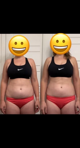 A before and after photo of a 5'4" female showing a weight reduction from 160 pounds to 150 pounds. A respectable loss of 10 pounds.