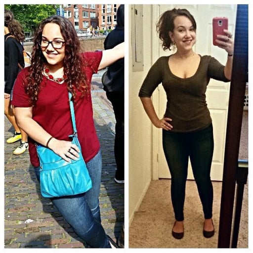 A progress pic of a 5'0" woman showing a fat loss from 165 pounds to 128 pounds. A net loss of 37 pounds.