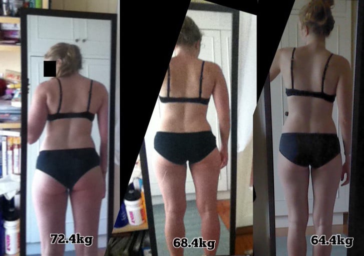 A photo of a 5'8" woman showing a fat loss from 160 pounds to 142 pounds. A total loss of 18 pounds.