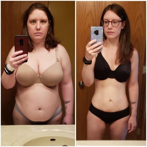 A before and after photo of a 5'4" female showing a weight reduction from 190 pounds to 123 pounds. A net loss of 67 pounds.