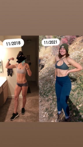 A progress pic of a 5'8" woman showing a weight bulk from 135 pounds to 165 pounds. A respectable gain of 30 pounds.