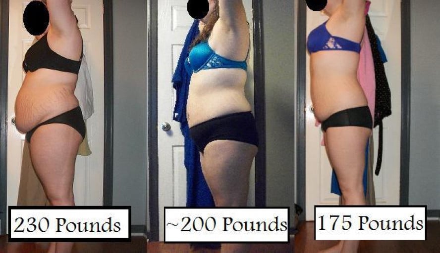 A before and after photo of a 5'5" female showing a weight reduction from 230 pounds to 175 pounds. A total loss of 55 pounds.