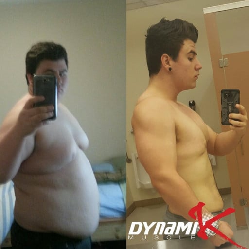 A before and after photo of a 5'9" male showing a weight reduction from 312 pounds to 200 pounds. A net loss of 112 pounds.