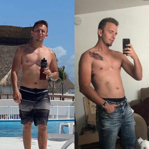 A before and after photo of a 5'8" male showing a weight reduction from 175 pounds to 160 pounds. A total loss of 15 pounds.