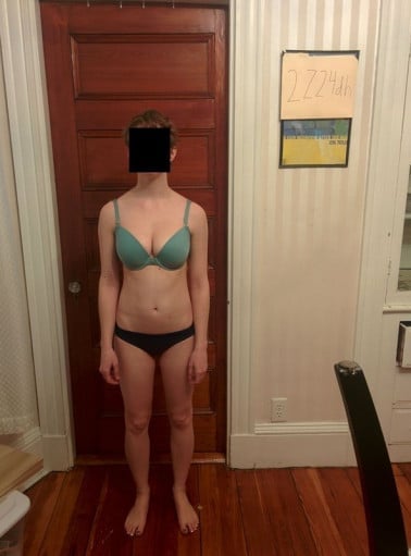 A before and after photo of a 5'4" female showing a snapshot of 105 pounds at a height of 5'4