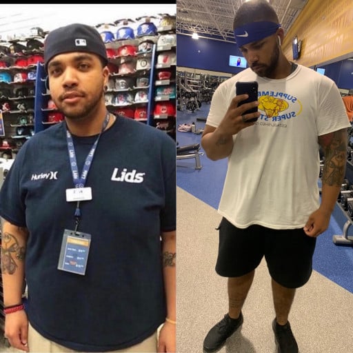 A before and after photo of a 6'3" male showing a weight reduction from 385 pounds to 275 pounds. A net loss of 110 pounds.