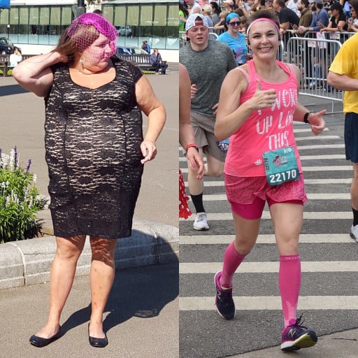 A picture of a 5'7" female showing a weight loss from 313 pounds to 178 pounds. A total loss of 135 pounds.