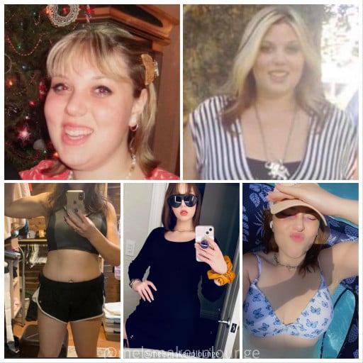 A progress pic of a 5'9" woman showing a fat loss from 286 pounds to 161 pounds. A total loss of 125 pounds.
