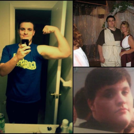 A progress pic of a 6'0" man showing a weight cut from 350 pounds to 208 pounds. A total loss of 142 pounds.