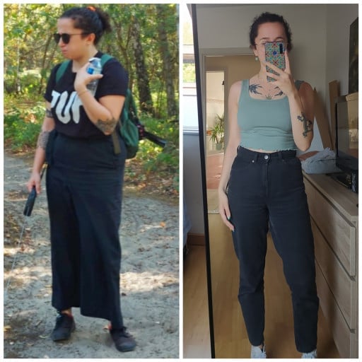 A picture of a 5'4" female showing a weight loss from 165 pounds to 126 pounds. A total loss of 39 pounds.