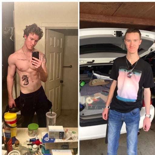 A progress pic of a 6'4" man showing a muscle gain from 150 pounds to 190 pounds. A total gain of 40 pounds.