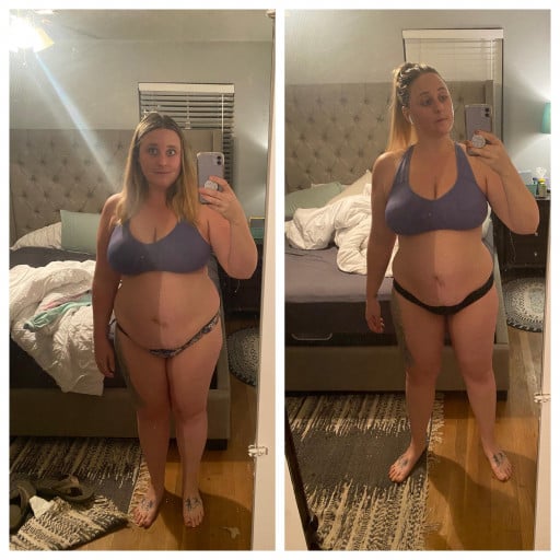 Before and After 32 lbs Weight Loss 5'4 Female 230 lbs to 198 lbs