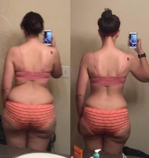 A before and after photo of a 5'6" female showing a weight reduction from 167 pounds to 149 pounds. A total loss of 18 pounds.