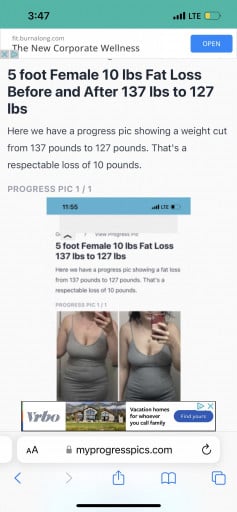 A photo of a 5'0" woman showing a weight cut from 137 pounds to 127 pounds. A total loss of 10 pounds.