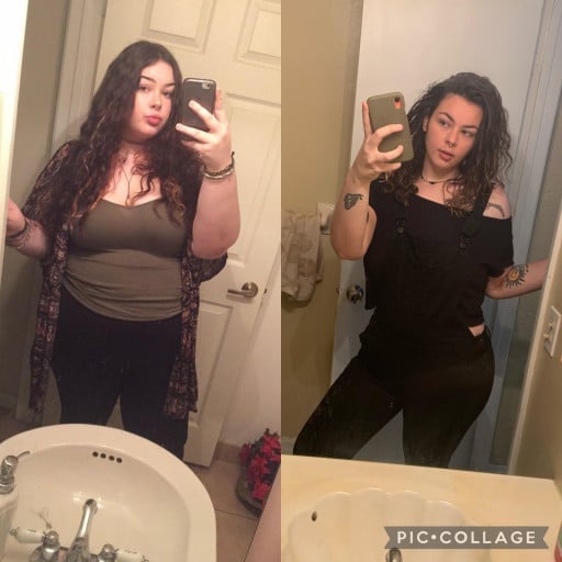A progress pic of a 5'8" woman showing a fat loss from 348 pounds to 214 pounds. A total loss of 134 pounds.