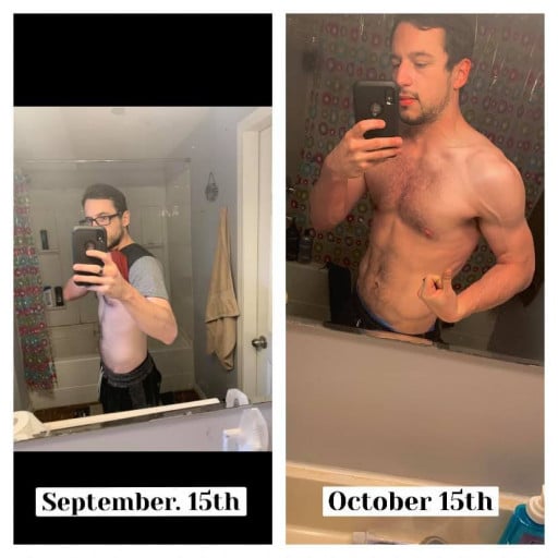 A before and after photo of a 5'9" male showing a weight bulk from 152 pounds to 157 pounds. A respectable gain of 5 pounds.