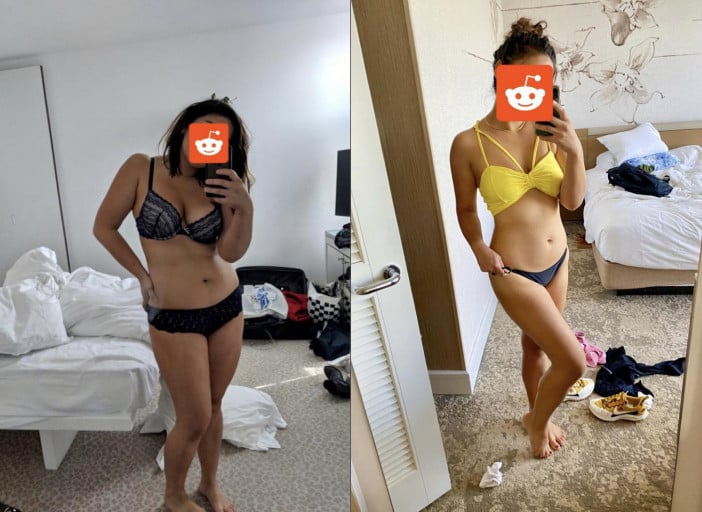 A progress pic of a 5'4" woman showing a fat loss from 166 pounds to 133 pounds. A respectable loss of 33 pounds.