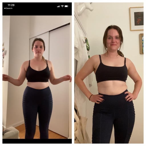 A photo of a 5'7" woman showing a weight cut from 170 pounds to 145 pounds. A total loss of 25 pounds.