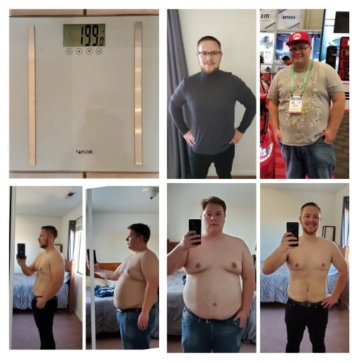 A photo of a 5'11" man showing a weight cut from 300 pounds to 199 pounds. A net loss of 101 pounds.