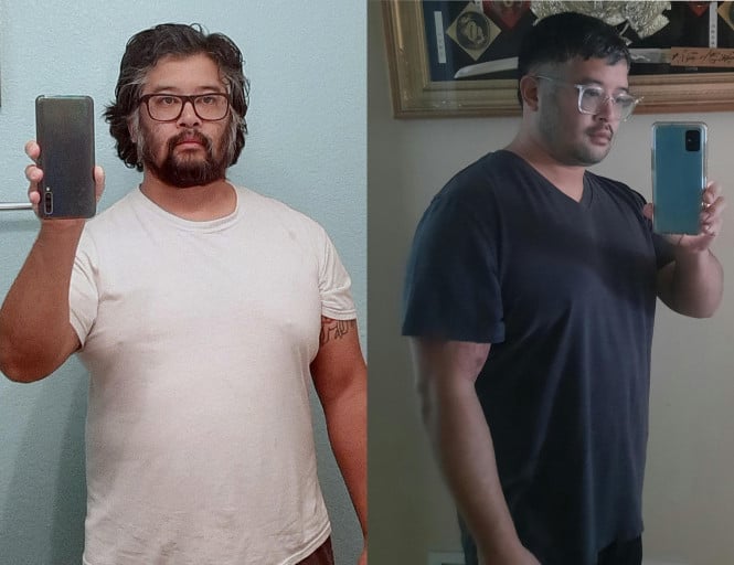 A before and after photo of a 5'5" male showing a weight reduction from 235 pounds to 195 pounds. A total loss of 40 pounds.