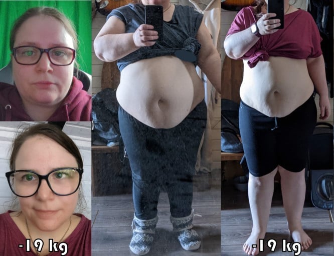 A photo of a 4'9" woman showing a weight cut from 204 pounds to 162 pounds. A total loss of 42 pounds.