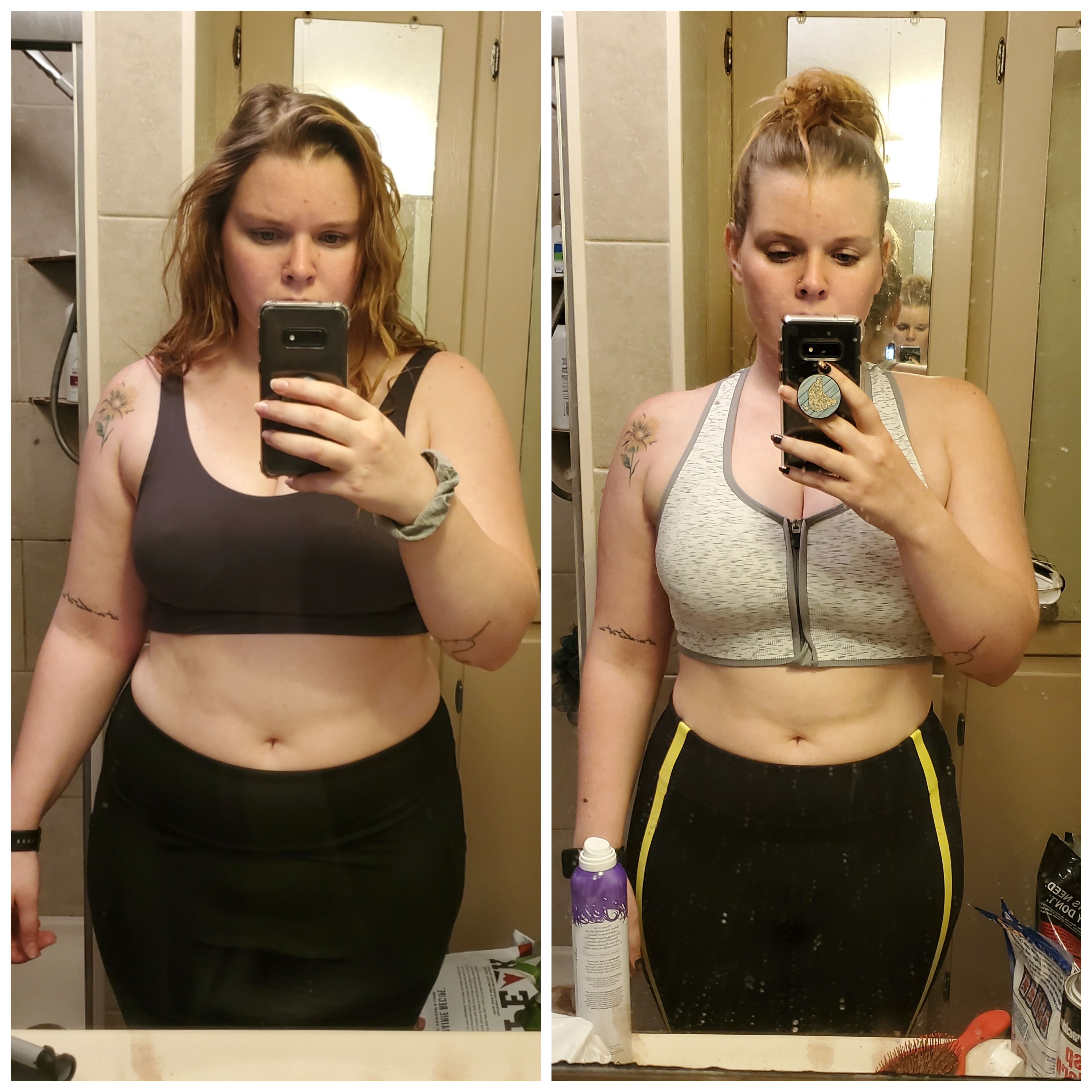 36 lbs Fat Loss Before and After 5 foot 6 Female 216 lbs to 180 lbs.