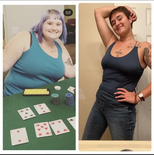 A progress pic of a 5'7" woman showing a fat loss from 260 pounds to 166 pounds. A total loss of 94 pounds.