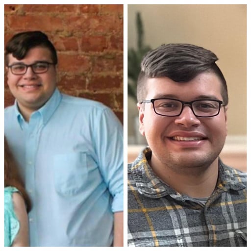 A progress pic of a 5'9" man showing a fat loss from 285 pounds to 240 pounds. A net loss of 45 pounds.